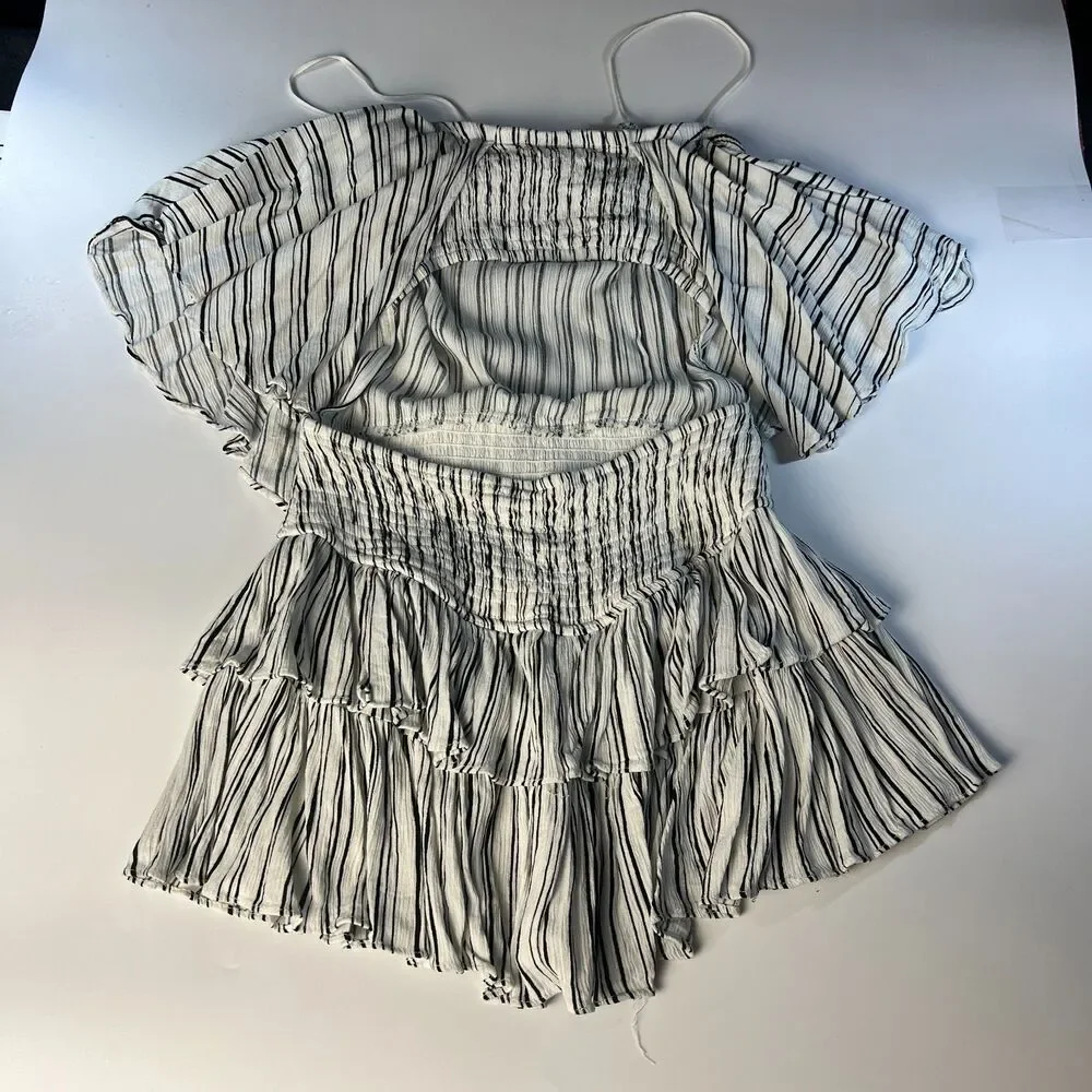 Mustard Seed Striped Romper, S Smocked Off Shoulder , Tiered Ruffle. Boho‎